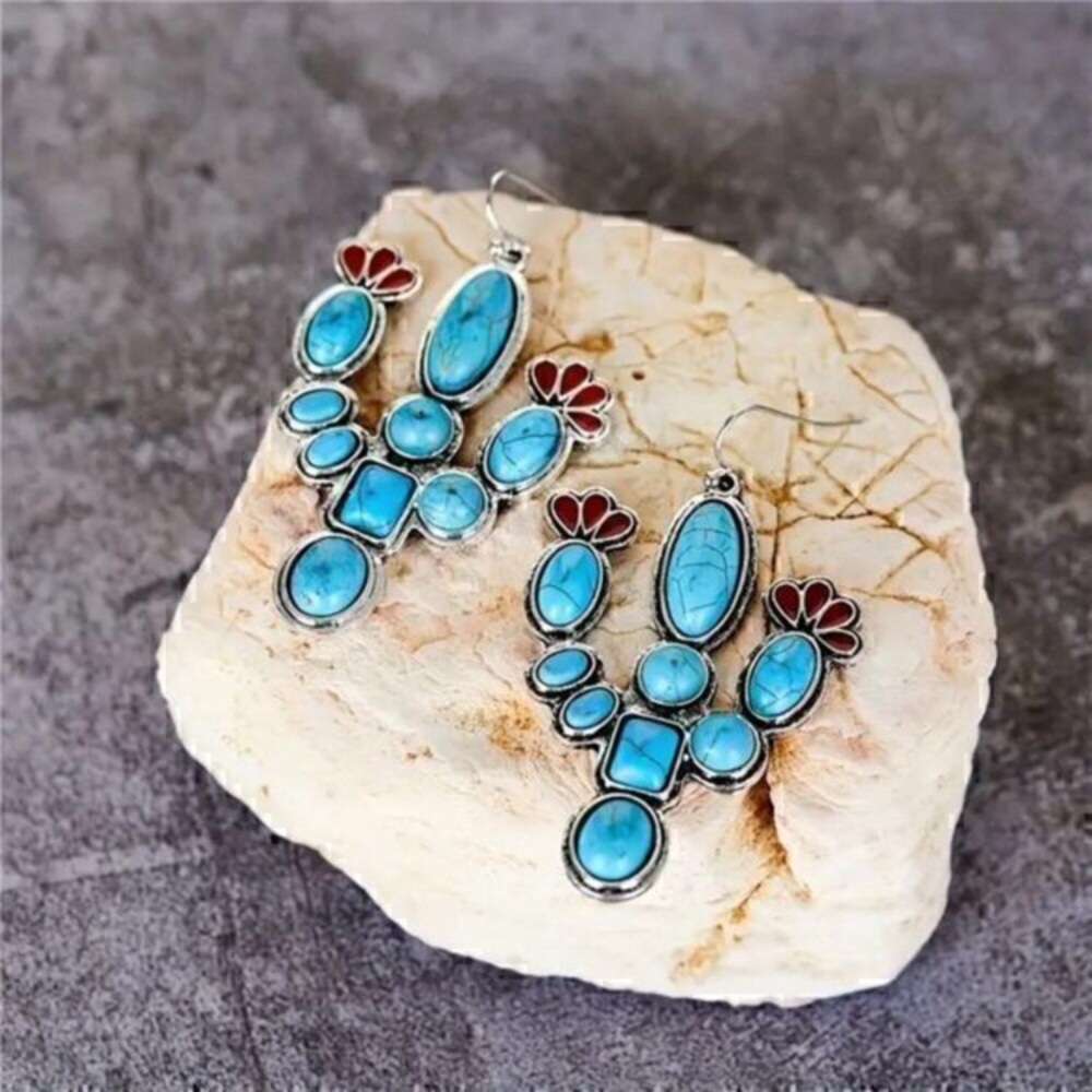 Turquoise Boho Vintage Cactus Inlaid Blue Synthetic Gemstone Drop Earrings